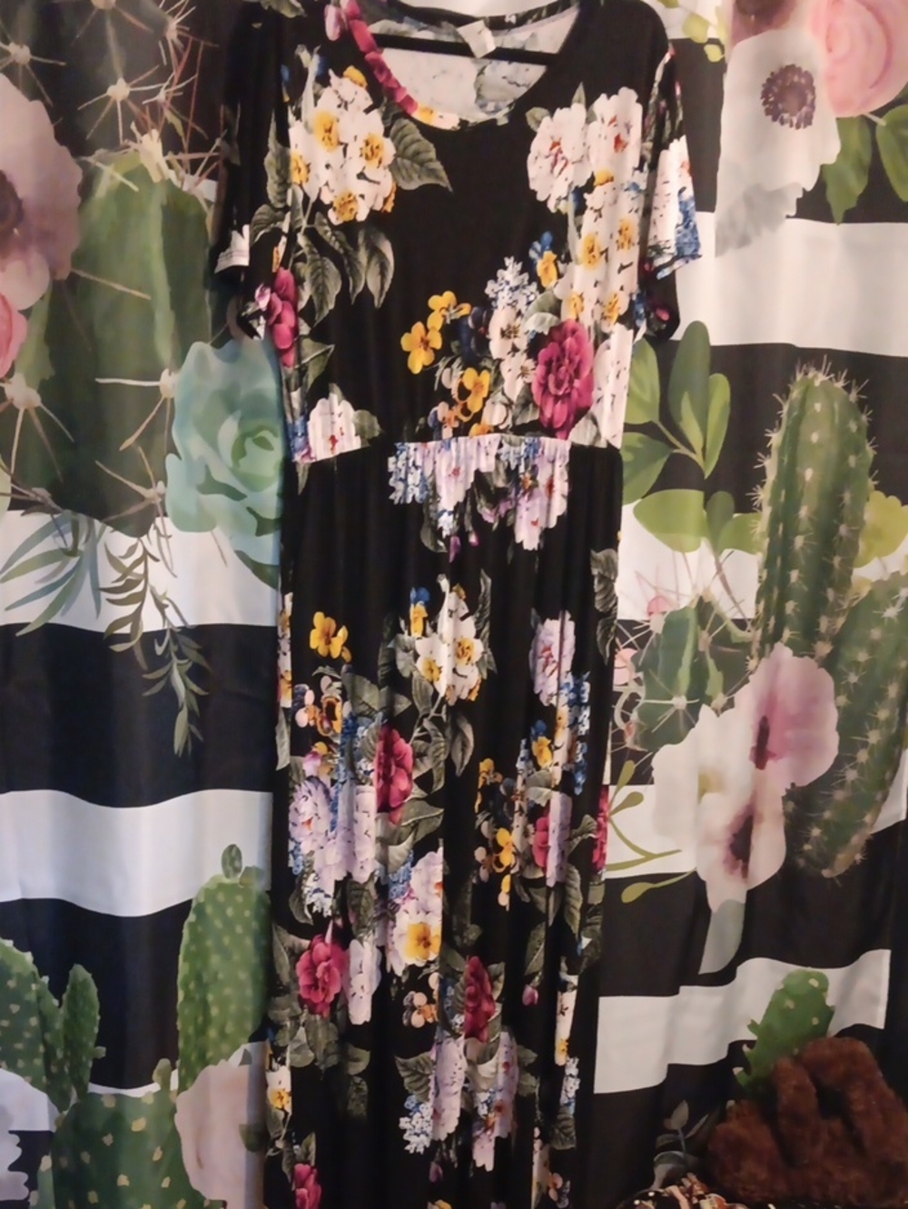 Floral Maxi Dress - Black with Multicolor Floral Print